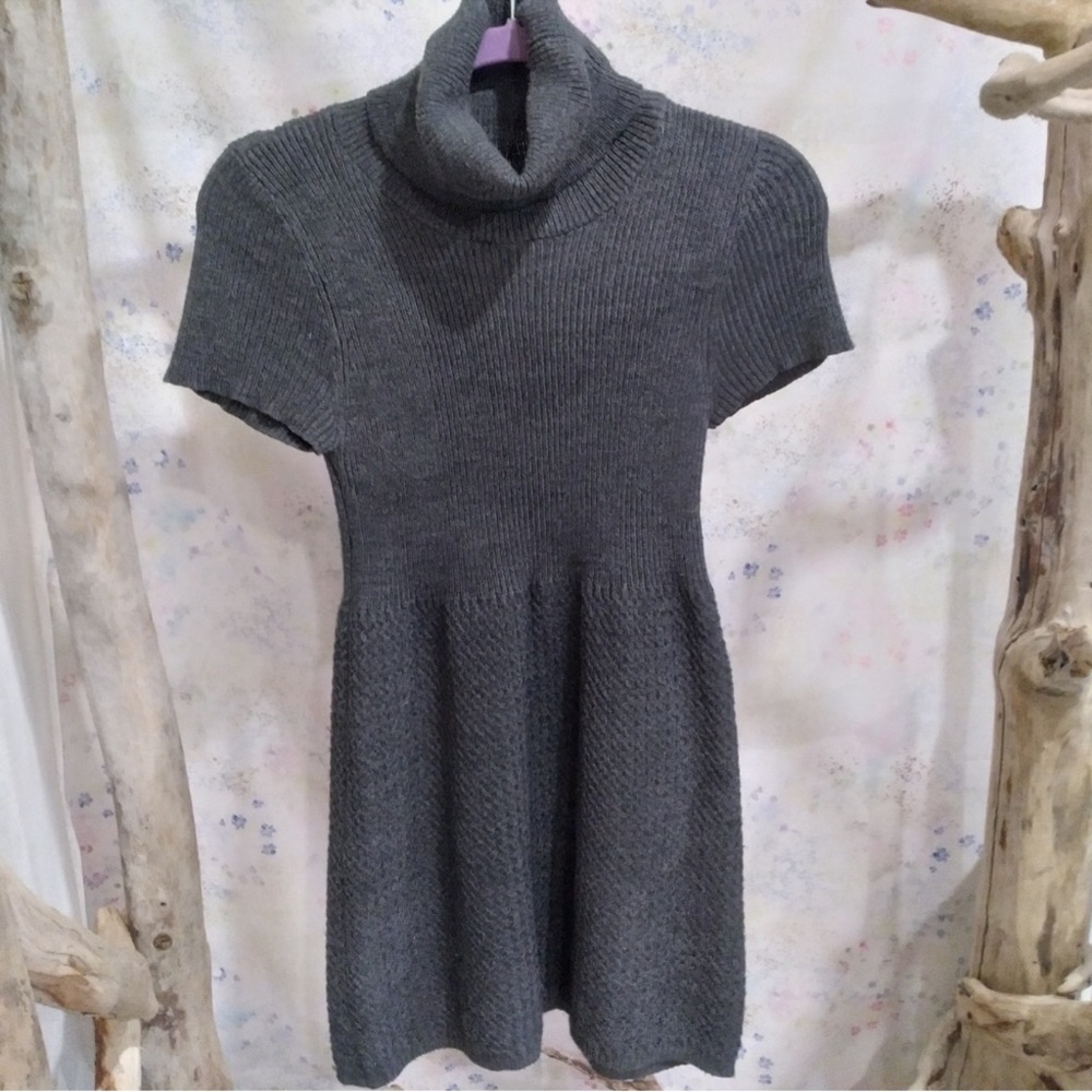 Turtleneck Knit Short-Sleeve Sweater Dress - Charcoal